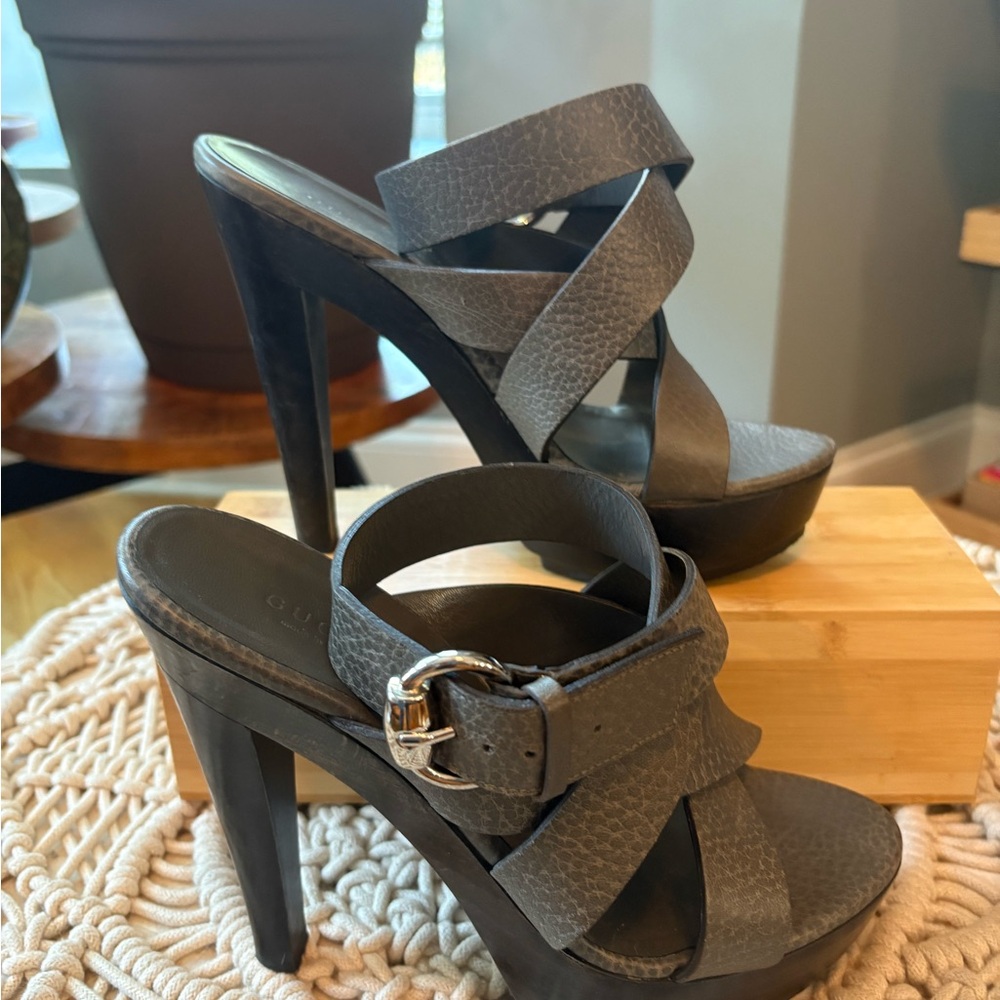 Gucci Gray Strappy Heeled Sandals
